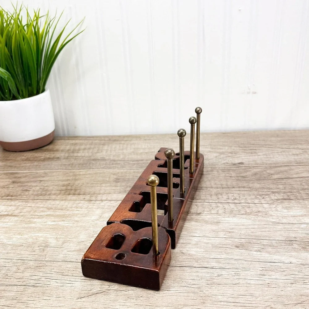 Vintage Wooden Belt Rack: 5 Brass Pegs